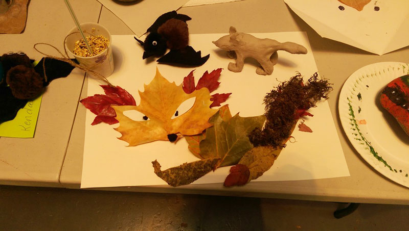 Craft Day at day camp: leaf fox, brown bat, clay fox and bird seed cake in a cup (all made by Sofia, age 9)